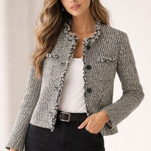Betty Barclay Collection Wool Angora Tweed Blazer EU 40 US 8 M Black White Fring